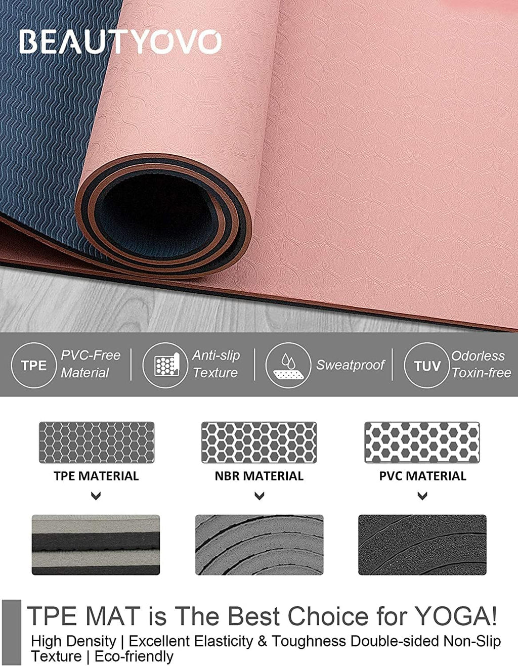 Professional TPE Yoga Mat with Strap, 1/3 Inch Extra Thick, Double-Sided Non-Slip Design for Yoga, Pilates, and Floor Exercises